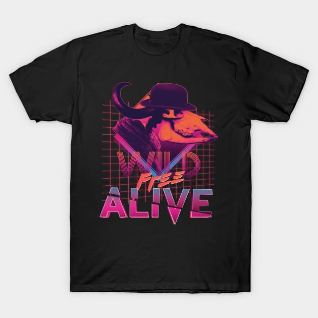 Retro Buffalo Skull In Hat - Wild Free (Not) Alive T-Shirt by yaros